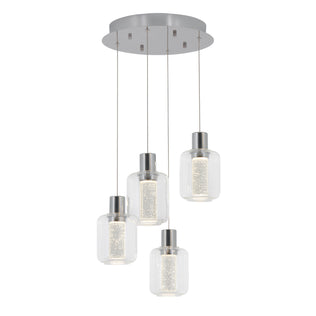 The Artika Champagne Globe 4-light LED pendant features four bubble-filled cylindrical glass shades, each hanging at varying heights from a round metallic base for a modern look.