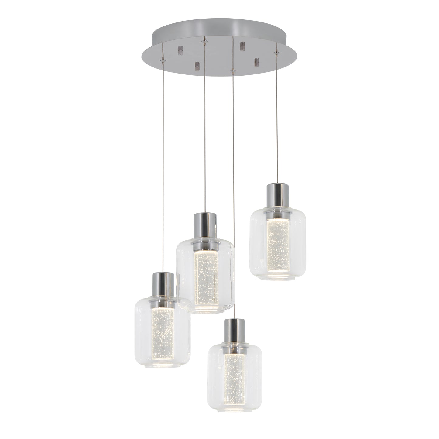 The Artika Champagne Globe 4-light LED pendant features four cylindrical glass pendants with textured inner cylinders and metallic tops, suspended at varying heights from a round metallic base for a stylish, modern ceiling light.