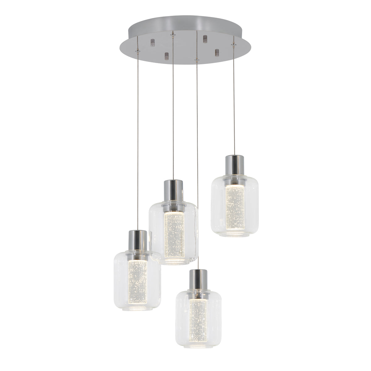 A modern ceiling light fixture with four cylindrical glass pendant lights, each suspended at different heights from a round metallic base, featuring inner textured diffusers.