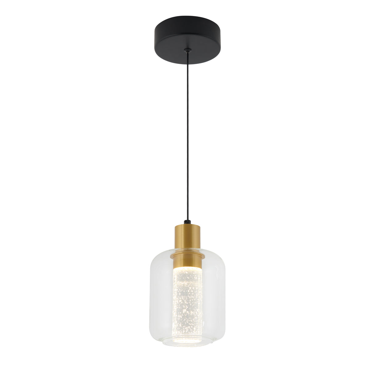 Modern pendant light with a clear glass shade, gold accent near the bulb, and a black ceiling mount, suspended by a black cord. The bulb inside appears illuminated.