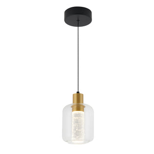 The Artika Champagne Globe modern LED pendant light features a black ceiling mount, black cord, gold accent, and clear glass shade with a cylindrical textured diffuser. It hangs vertically and adds elegant style to any space.