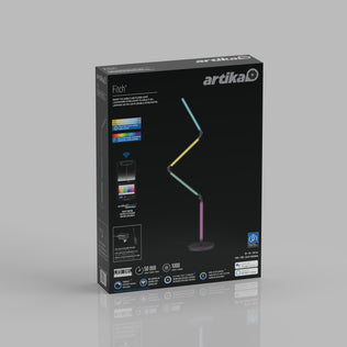 Box of an Artika Fitch smart foldable RGB LED gaming floor lamp featuring a modern, angular design. The gray packaging highlights app control, adjustable arms, color-changing lights, and energy efficiency features.