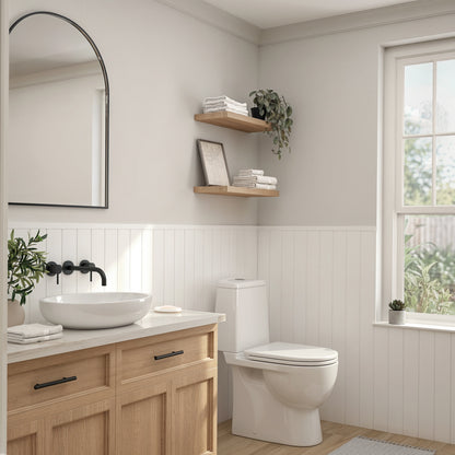 Modern bath with wooden vanity, vessel sink, and Artika AXEN Shilap MDF wall panels near shelves and a sunlit window.