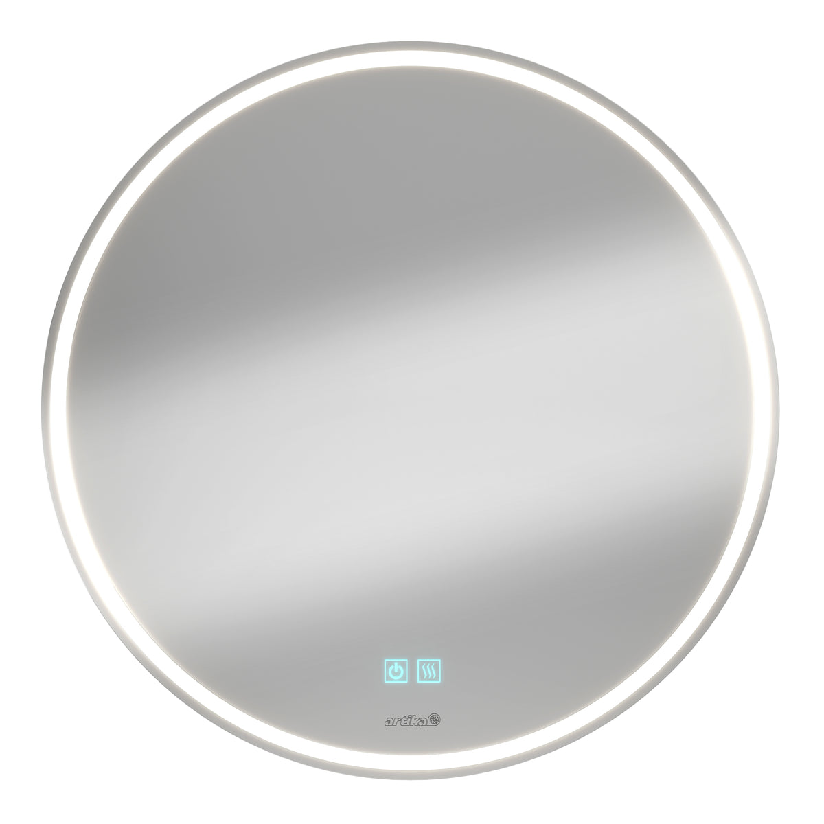 A round, wall-mounted bathroom mirror with a built-in LED light ring around the edge and touch control icons at the bottom center.