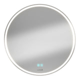 A round, wall-mounted bathroom mirror with a built-in LED light ring around the edge and touch control icons at the bottom center.