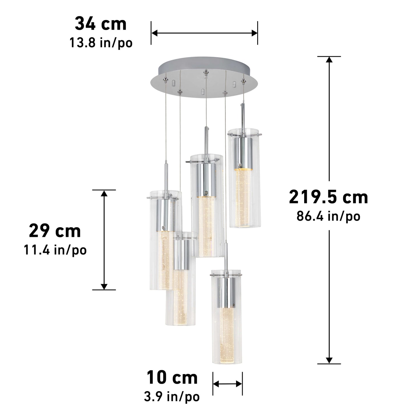 The Artika Essence 5-light LED pendant features five cylindrical glass lights at varying heights. Fixture width: 34 cm; pendant height: 219.5 cm; glass shade: 29 cm high, 10 cm diameter.
