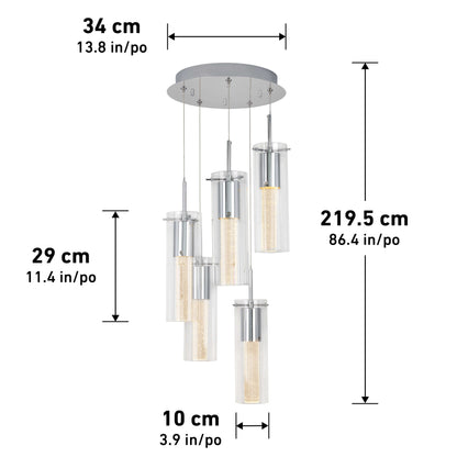 The Artika Essence 5-light LED pendant features five cylindrical glass lights at varying heights. Fixture width: 34 cm; pendant height: 219.5 cm; glass shade: 29 cm high, 10 cm diameter.