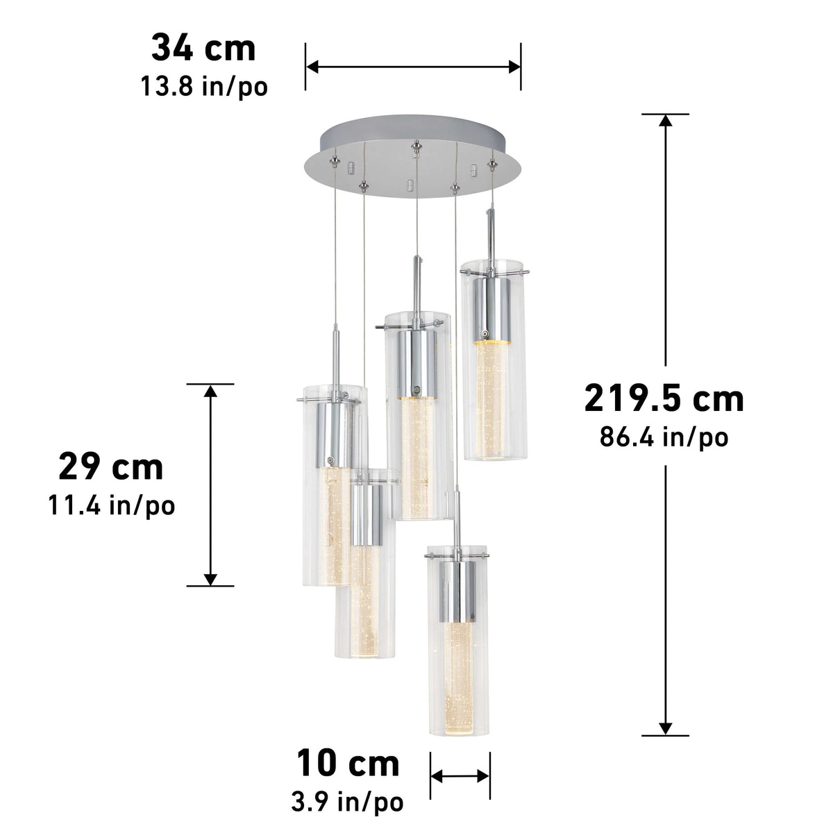 The Artika Essence 5-light LED pendant features five cylindrical glass shades hanging at various heights from a round chrome mount. Dimensions: 34 cm wide, 219.5 cm tall; each shade is 29 cm high and 10 cm in diameter.