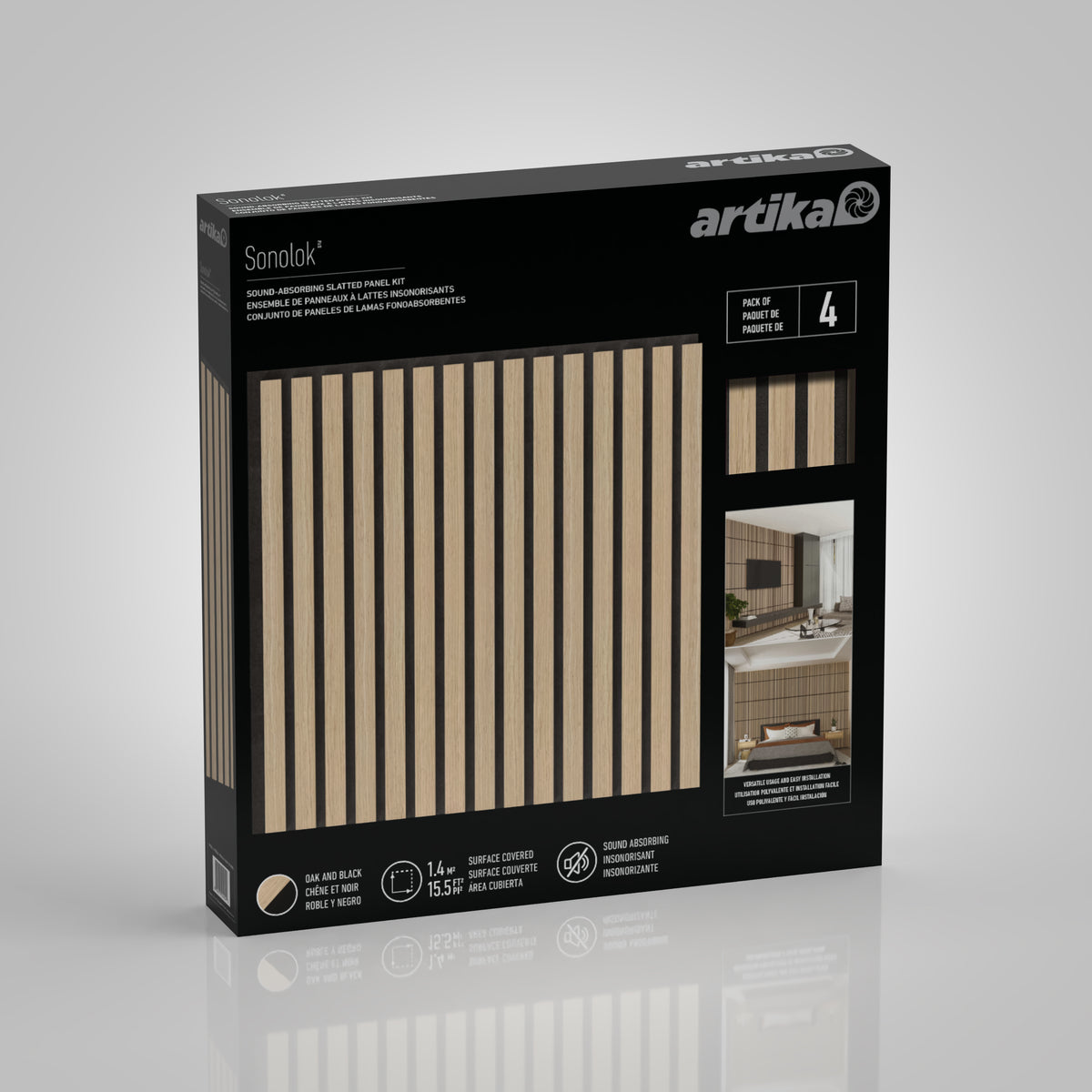 A black box labeled artika Sonolok displays beige and black slatted wall panels, with images showing the panels used as wall décor. The package contains 4 panels and includes product details in English and French.