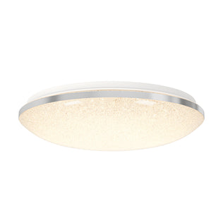 The Artika Sparkle 15 in. LED modern flush mount light features a white, textured diffuser and a slim metallic rim, shown illuminated against a white background. Offers 5 CCT settings for customizable lighting.