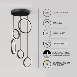 The Artika Elmo 5-light LED pendant features five circular rings hanging at varying heights, offers selectable white technology (5 CCT), is LED integrated, dimmable, 2200 lumens, with easy installation and a 50,000-hour lifespan.