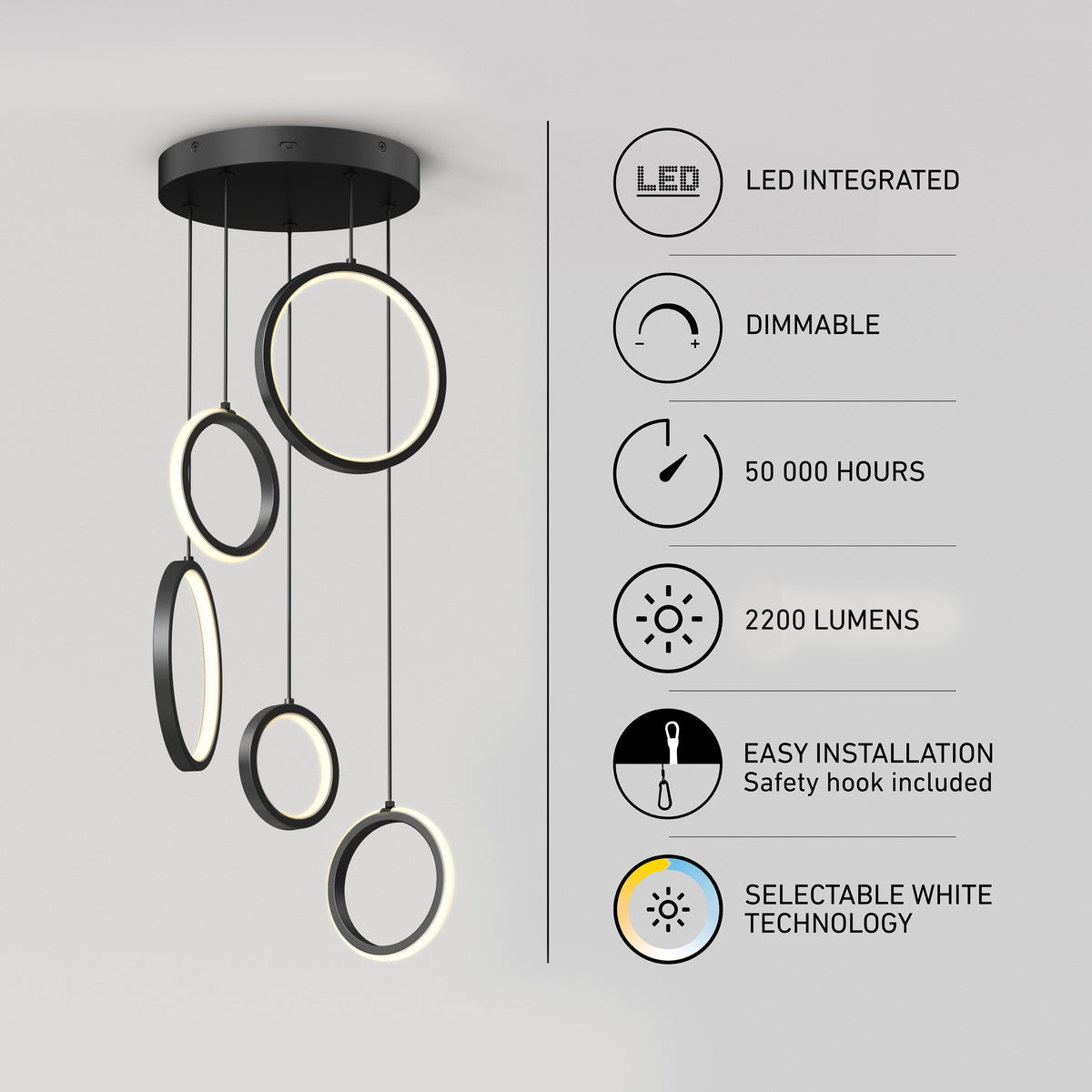 Four modern circular LED pendant lights hang from a black ceiling mount. Text and icons highlight features: LED integrated, dimmable, 50,000 hours, 2200 lumens, easy installation, and selectable white technology.