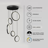 Four modern circular LED pendant lights hang from a black ceiling mount. Text and icons highlight features: LED integrated, dimmable, 50,000 hours, 2200 lumens, easy installation, and selectable white technology.