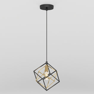 The Artika Imperium Single pendant light features a modern black and gold cube-shaped metal frame, an exposed bulb, and hangs from a black cord with a matching ceiling mount.