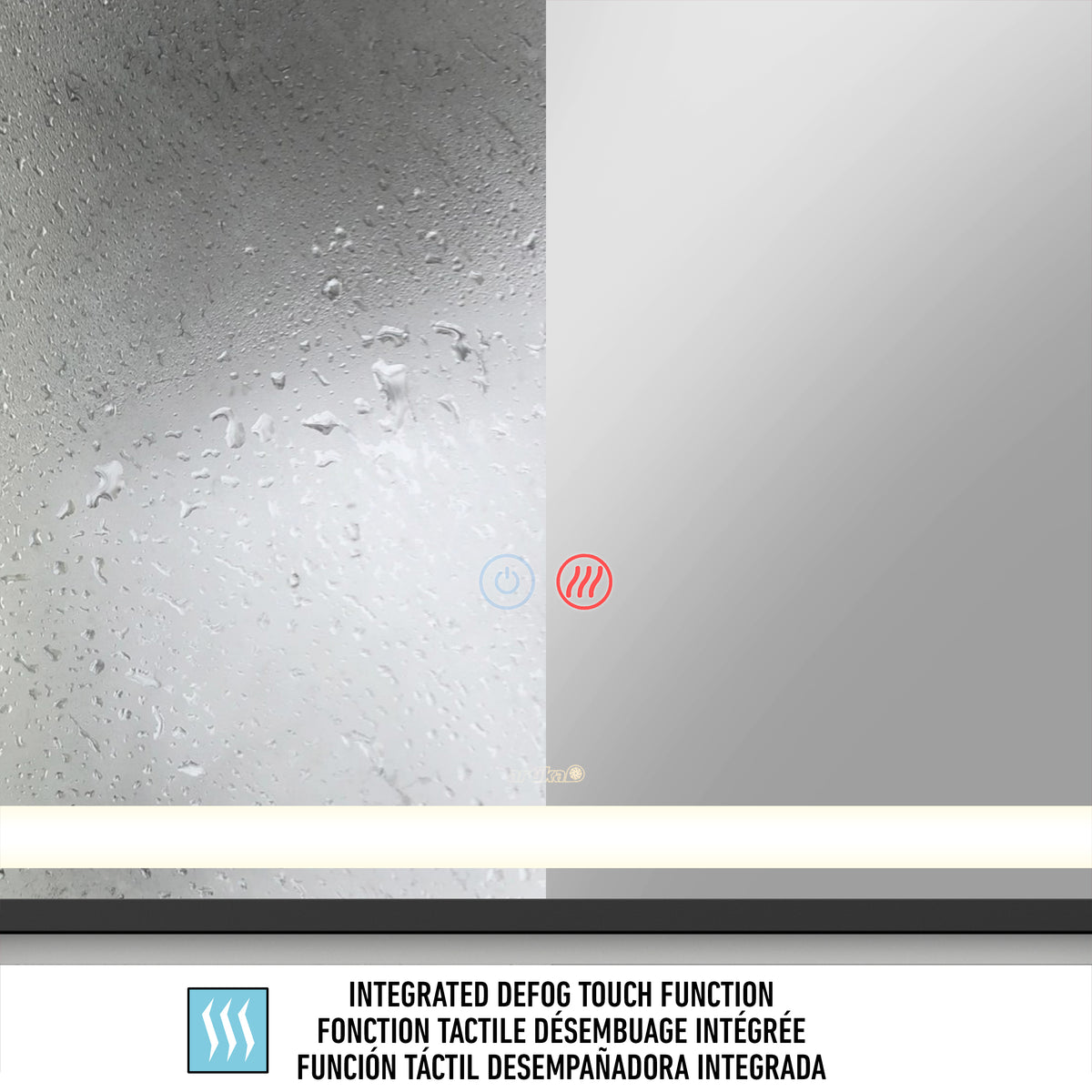 A mirror with a left side covered in condensation and a clear, fog-free right side. Touch control icons and a horizontal LED light strip are visible below the mirror. Text beneath highlights an integrated defog touch function in four languages.