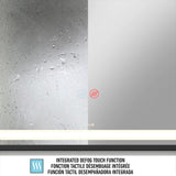 A mirror with a left side covered in condensation and a clear, fog-free right side. Touch control icons and a horizontal LED light strip are visible below the mirror. Text beneath highlights an integrated defog touch function in four languages.
