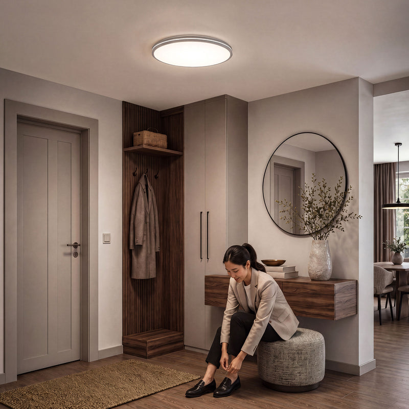 A woman puts on shoes under the Artika GLOW 30 in. LED Flush Mount Ceiling Light 5 CCT with Remote in a modern entryway.