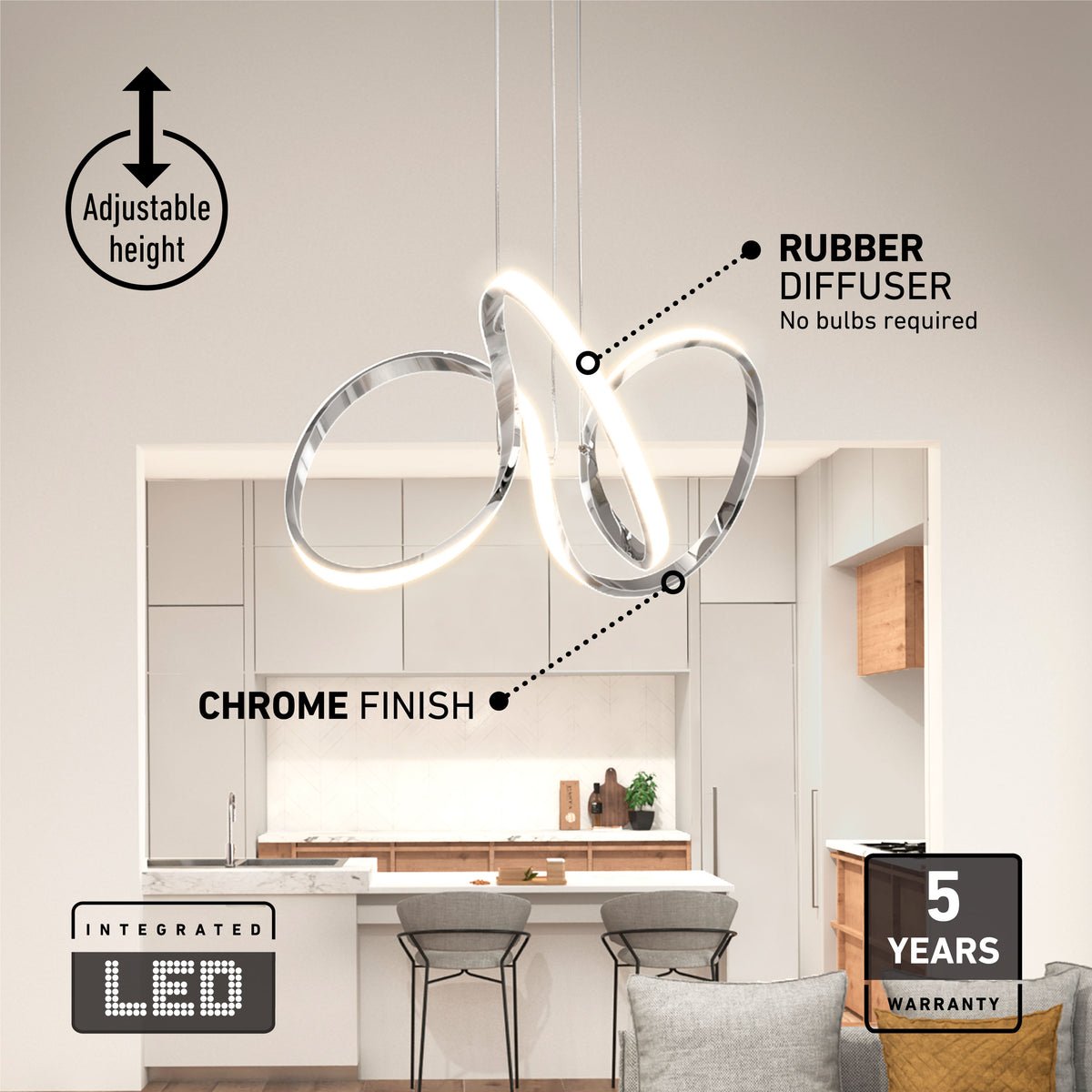 Modern kitchen with a sculptural chrome LED pendant light hanging over a bar counter; features labeled as adjustable height, rubber diffuser, chrome finish, integrated LED, and 5-year warranty.