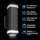 A black wall-mounted smart light with illuminated top and bottom, beside icons and text listing features: Wi-Fi controlled, voice command, home automation, programmable, and dimmable (app only). Text also includes French translations.