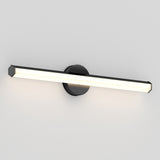 A modern wall-mounted LED light fixture with a black circular base and a long, horizontal, rectangular light bar, emitting a soft white glow against a plain light gray wall.