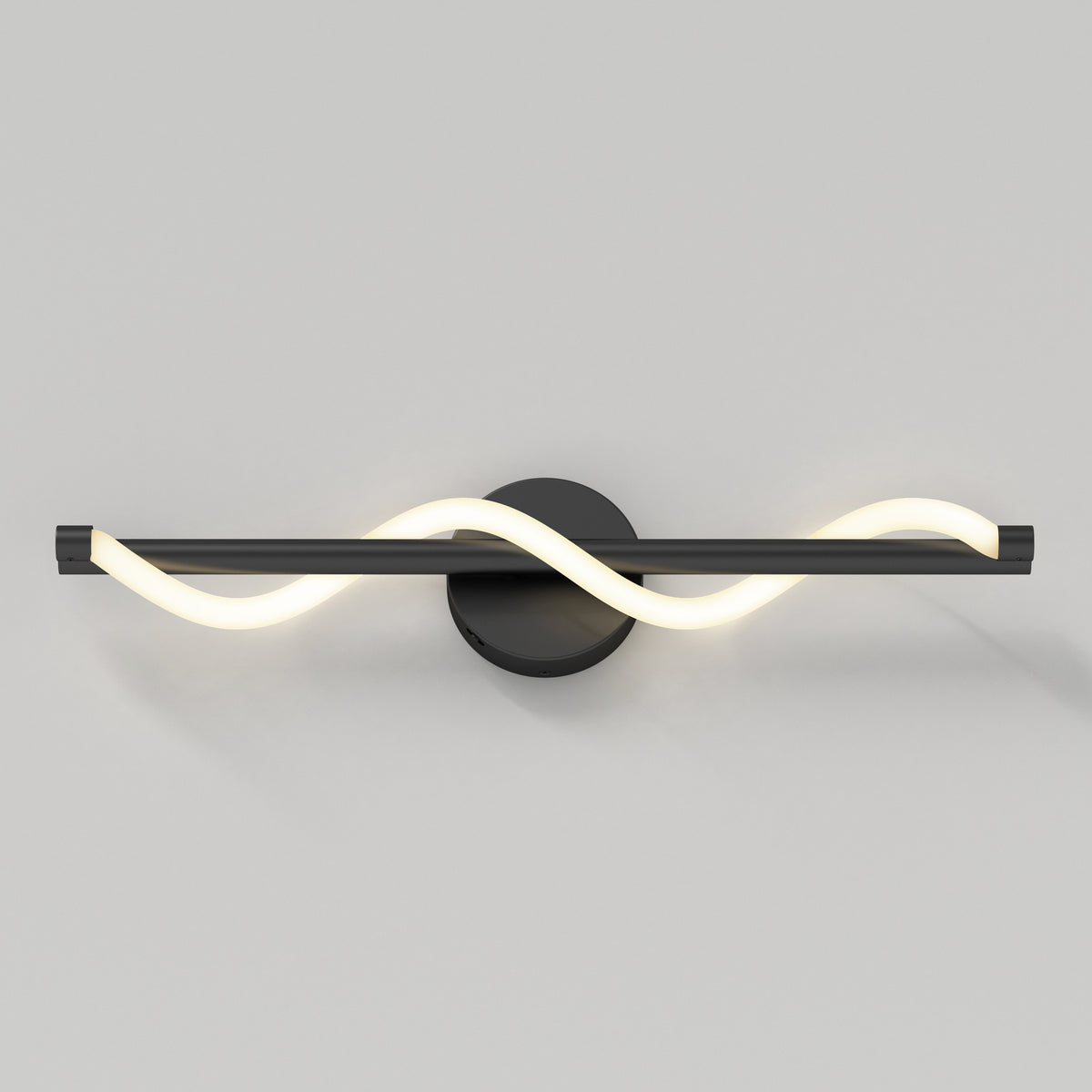 A modern wall light featuring a straight black bar with a glowing, wavy LED strip intertwined along its length, mounted on a round black base against a plain light gray background.