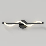 A modern wall light featuring a straight black bar with a glowing, wavy LED strip intertwined along its length, mounted on a round black base against a plain light gray background.
