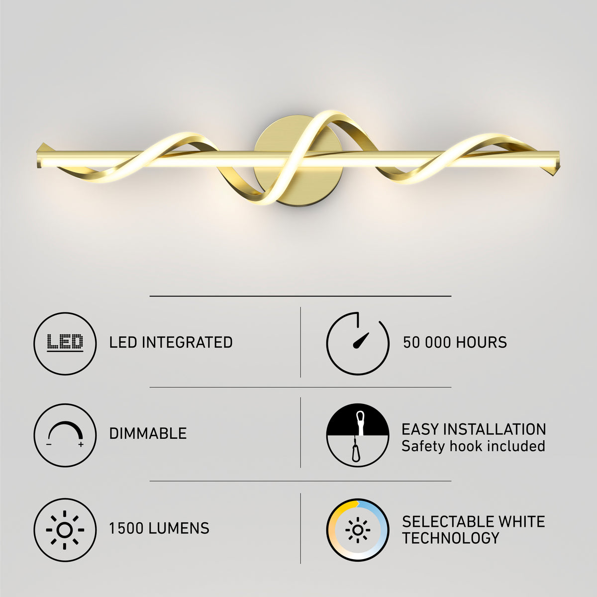 Modern gold wall light with twisted LED design, shown above six feature icons: LED integrated, 50,000 hours, dimmable, easy installation with safety hook, 1500 lumens, and selectable white technology.