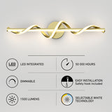 Modern gold wall light with twisted LED design, shown above six feature icons: LED integrated, 50,000 hours, dimmable, easy installation with safety hook, 1500 lumens, and selectable white technology.