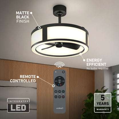 Artika Huxley 23 in. (59 cm) LED modern fandelier ceiling fan in matte black with an integrated light, remote control, and a 5-year warranty.