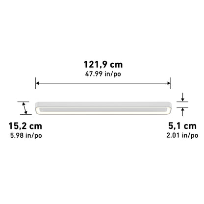 The Artika Aiden 48 in. LED modern flush mount light is a rectangular, white adjustable ceiling fixture measuring 121.9 cm x 15.2 cm x 5.1 cm, with dimensions labeled by arrows.