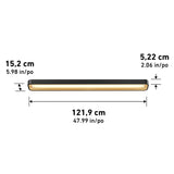 A rectangular wall light with dimensions labeled: 15.2 cm (5.98 in) deep, 5.22 cm (2.06 in) high, and 121.9 cm (47.99 in) wide. The light has a minimalist design and emits a warm glow.