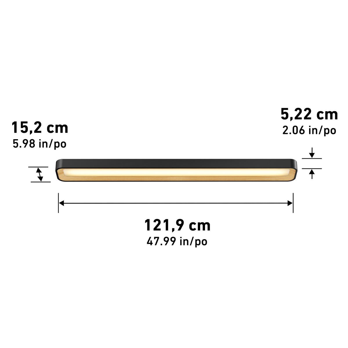 The Artika Alton 48 in. LED flush mount light 5 CCT is a rectangular wall light measuring 121.9 cm (47.99 in) wide, 15.2 cm (5.98 in) deep, and 5.22 cm (2.06 in) high, emitting a warm glow.