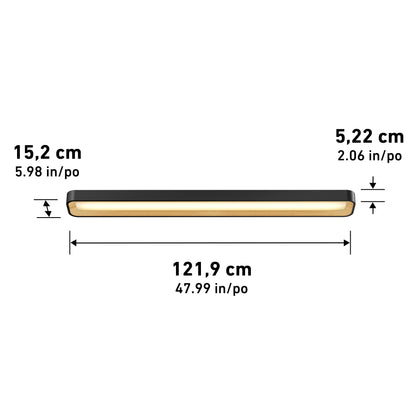 The Artika Alton 48 in. LED flush mount light 5 CCT is a rectangular wall light measuring 121.9 cm (47.99 in) wide, 15.2 cm (5.98 in) deep, and 5.22 cm (2.06 in) high, emitting a warm glow.
