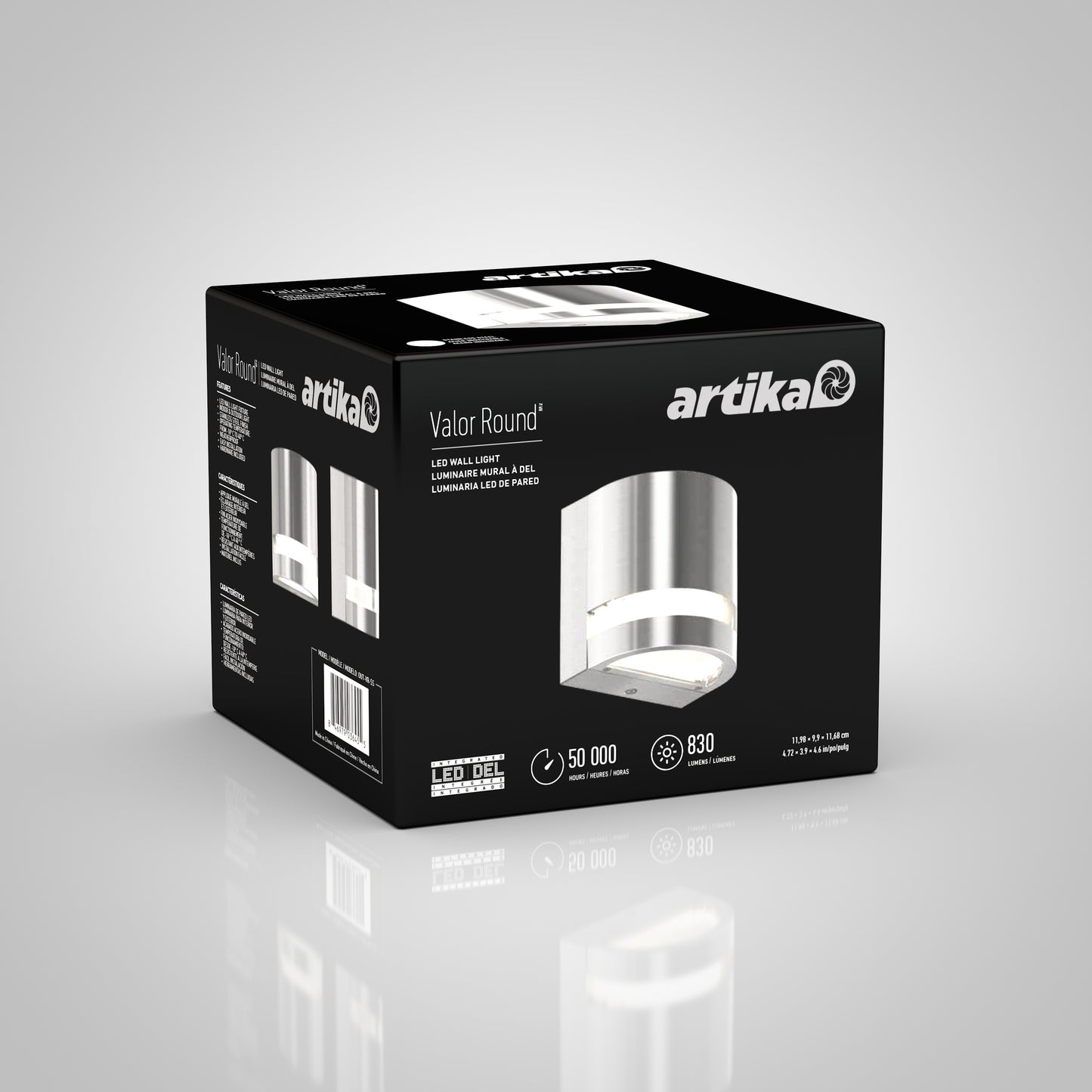 A black and gray Artika Valor Round LED indoor-outdoor wall light box displays product images, specs, and branding, highlighting a 50,000-hour LED lifespan and 830 lumens brightness.