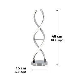 The Artika Swirl LED table lamp features a modern silver spiral design on a round base, measuring 48 cm (18.9 in) tall and 15 cm (5.9 in) wide, with measurement lines showing its dimensions.