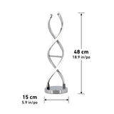 A modern silver spiral LED lamp on a round base, measuring 48 cm (18.9 inches) tall and 15 cm (5.9 inches) wide, with the dimensions labeled beside the lamp.