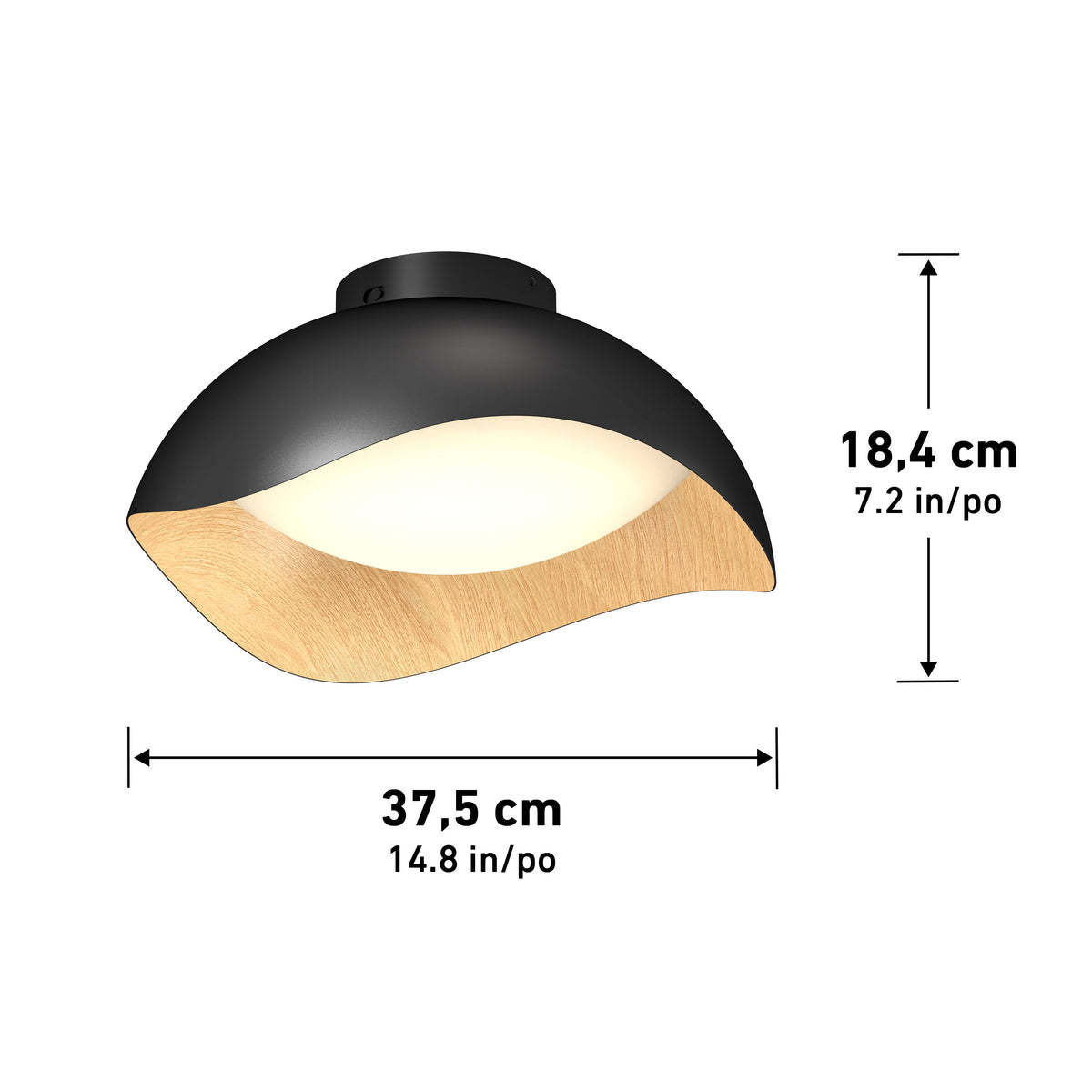 A modern ceiling light with a black and wood-finish shade, softly curved, measuring 37.5 cm (14.8 in) wide and 18.4 cm (7.2 in) tall. Measurement arrows and labels are shown beside and below the fixture.
