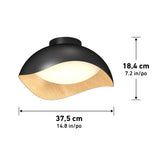A modern ceiling light with a black and wood-finish shade, softly curved, measuring 37.5 cm (14.8 in) wide and 18.4 cm (7.2 in) tall. Measurement arrows and labels are shown beside and below the fixture.