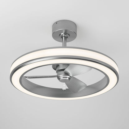 A modern ceiling fan with a circular LED light ring, metallic silver finish, and three blades, mounted on a white ceiling.
