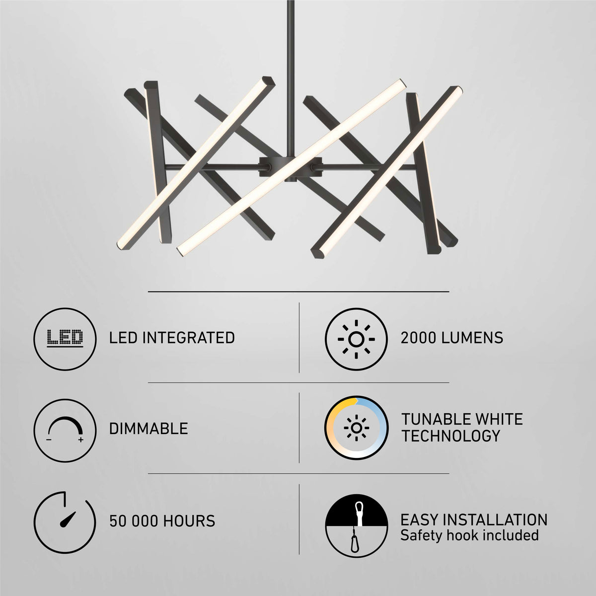 Modern black chandelier with intersecting LED bars. Features include LED integration, 2000 lumens brightness, dimmable light, tunable white technology, 50,000-hour lifespan, and easy installation with safety hook included.