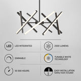 Modern black chandelier with intersecting LED bars. Features include LED integration, 2000 lumens brightness, dimmable light, tunable white technology, 50,000-hour lifespan, and easy installation with safety hook included.