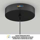 A close-up of a black ceiling light fixture with a color temperature switch. Below, there is a label with icons and text in English, French, and Spanish: Colour Temperature Switch.