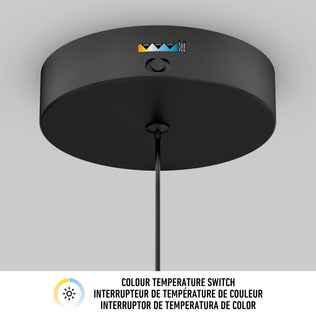 A close-up of the Artika Kiyo modern LED pendant (black, ceiling-mounted) shows its colour temperature switch. Text below reads “Colour Temperature Switch” in English, French, and Spanish.
