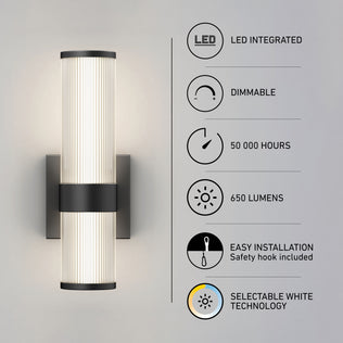 The Artika Mirado modern LED wall sconce 5 CCT features ribbed glass, integrated dimmable LED (50,000 hrs), 650 lumens, easy installation, and selectable white technology. Icons and text highlight each benefit.