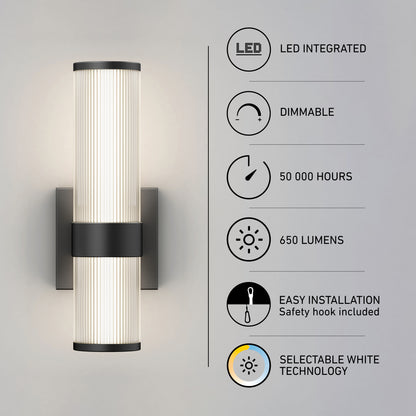 The Artika Mirado modern LED wall sconce 5 CCT features ribbed glass, integrated dimmable LED (50,000 hrs), 650 lumens, easy installation, and selectable white technology. Icons and text highlight each benefit.