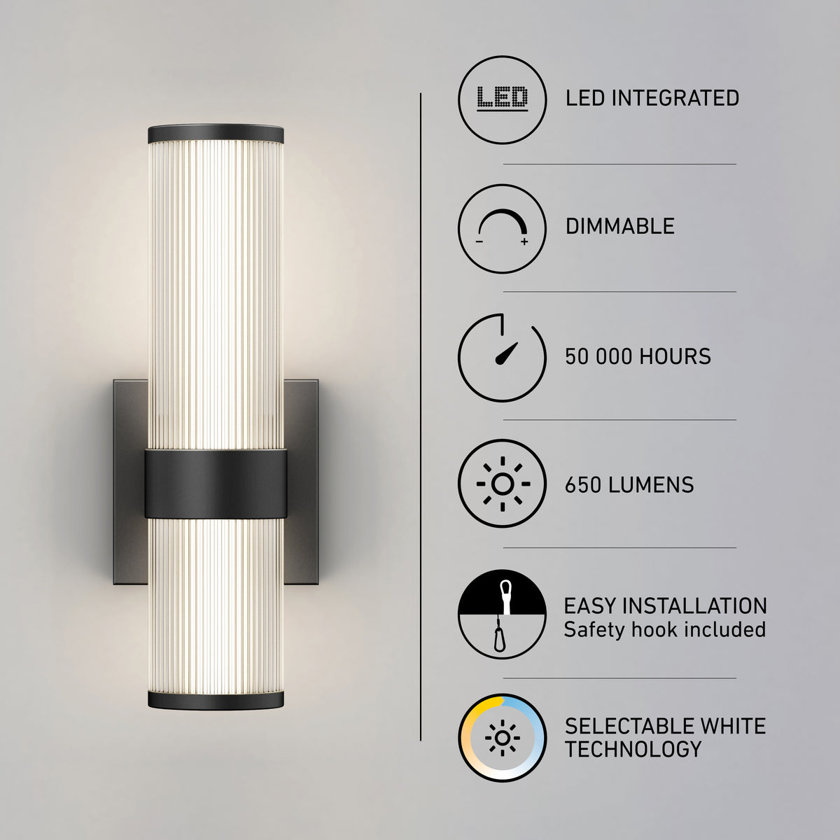 Vertical wall sconce with ribbed glass, glowing softly. Text lists features: LED integrated, dimmable, 50,000 hours, 650 lumens, easy installation, and selectable white technology with icons for each.