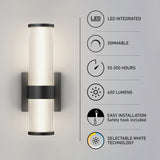 Vertical wall sconce with ribbed glass, glowing softly. Text lists features: LED integrated, dimmable, 50,000 hours, 650 lumens, easy installation, and selectable white technology with icons for each.