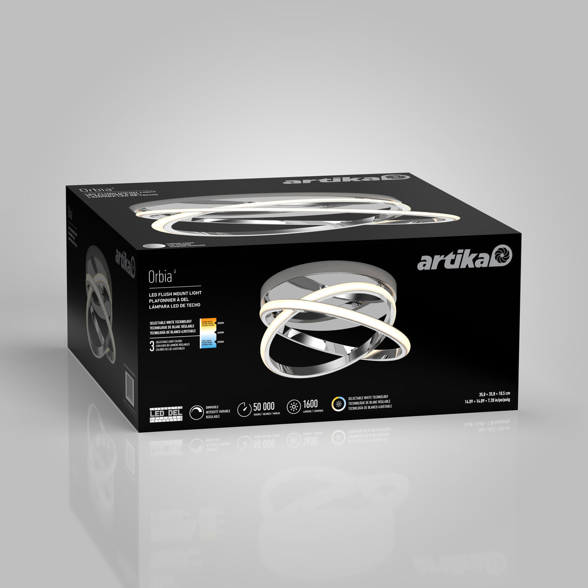 A black box featuring the Artika Orbia LED flush mount light, showing an image of the modern, intertwined circular light fixture with product details and specifications printed on the packaging.