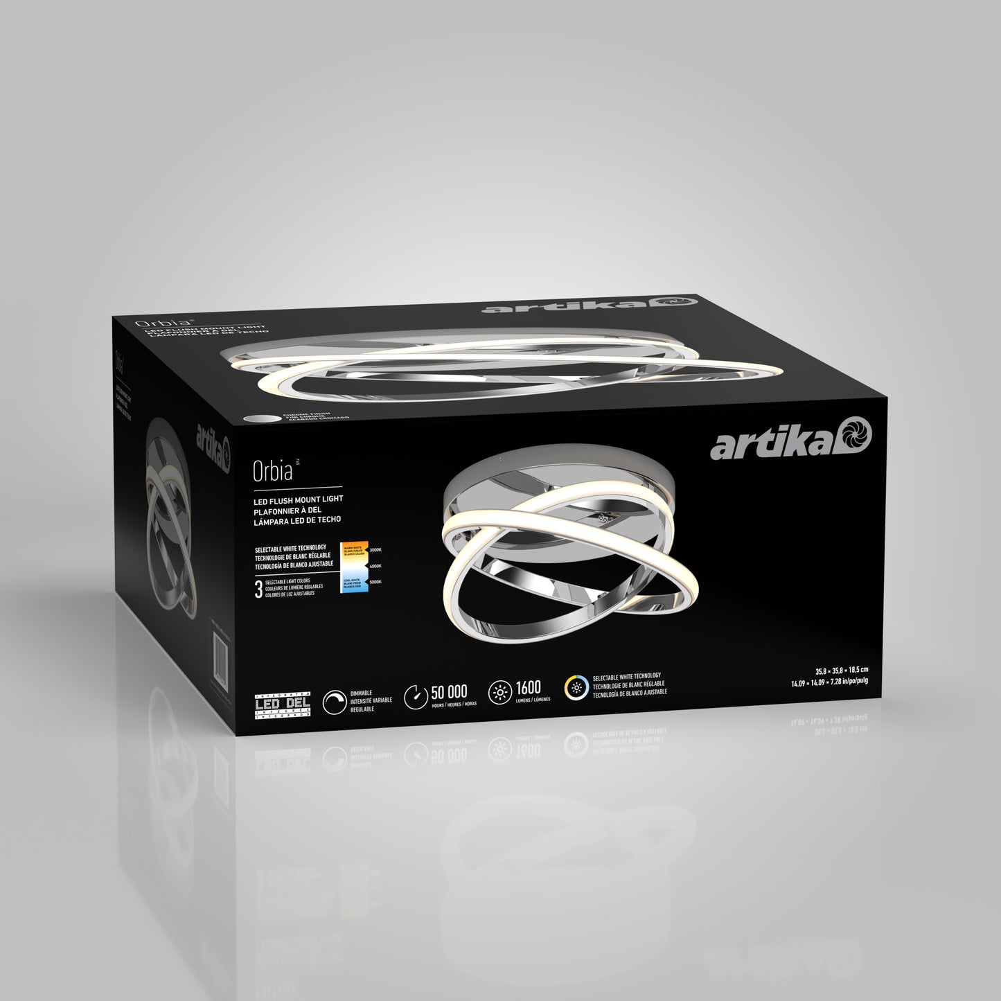 The black box displays the Artika Orbia modern LED flush mount light 3 CCT, with an image of the circular fixture on front and top. Features and specs appear in white text.