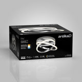A black box featuring the Artika Orbia LED flush mount light, showing an image of the modern, intertwined circular light fixture with product details and specifications printed on the packaging.